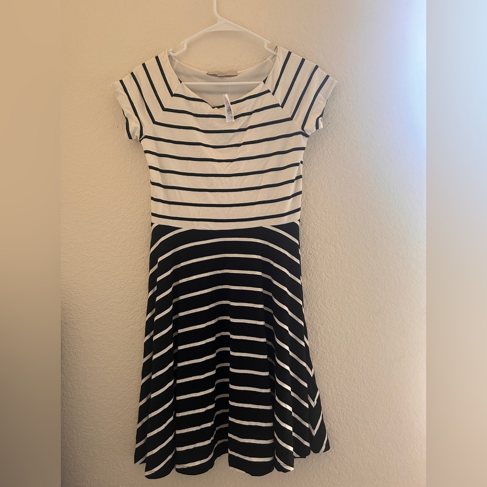 LOFT Black & White Striped Fit&Flare Dress Women’s XS  NWT